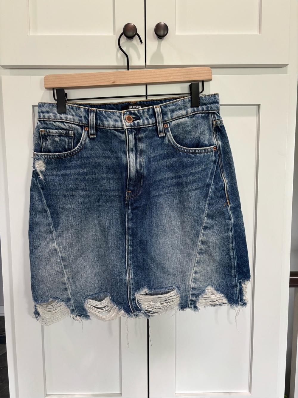 Hudson Jeans Distressed Dark Blue Denim Mini Skirt